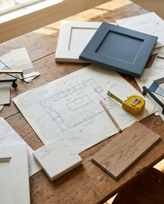 Kitchen floor plan sketch with a tape measure and cabinet, countertop and flooring samples