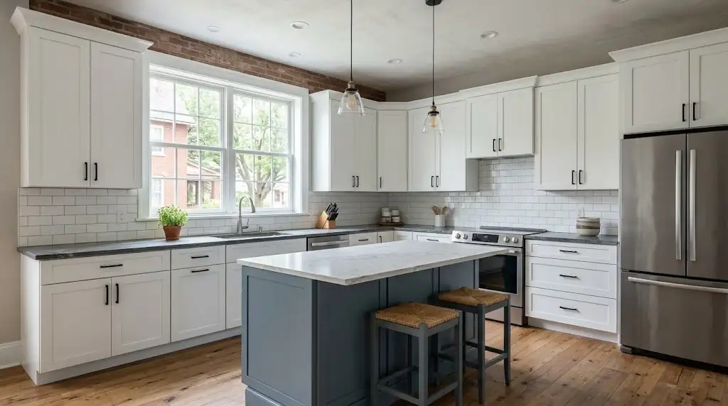 Illustration of kitchen remodeling in a Hazleton, PA home: white shaker cabinets, a slate-blue island and a new plank floor