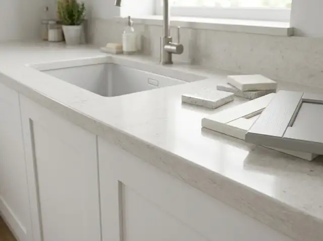 New light quartz-look countertop with an undermount sink on white cabinets