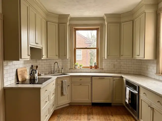 Finished L-shaped kitchen with a corner sink and a well-planned cabinet layout
