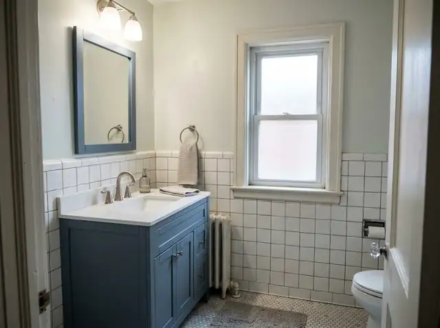 Small bathroom with a new slate-blue vanity, white top and framed mirror